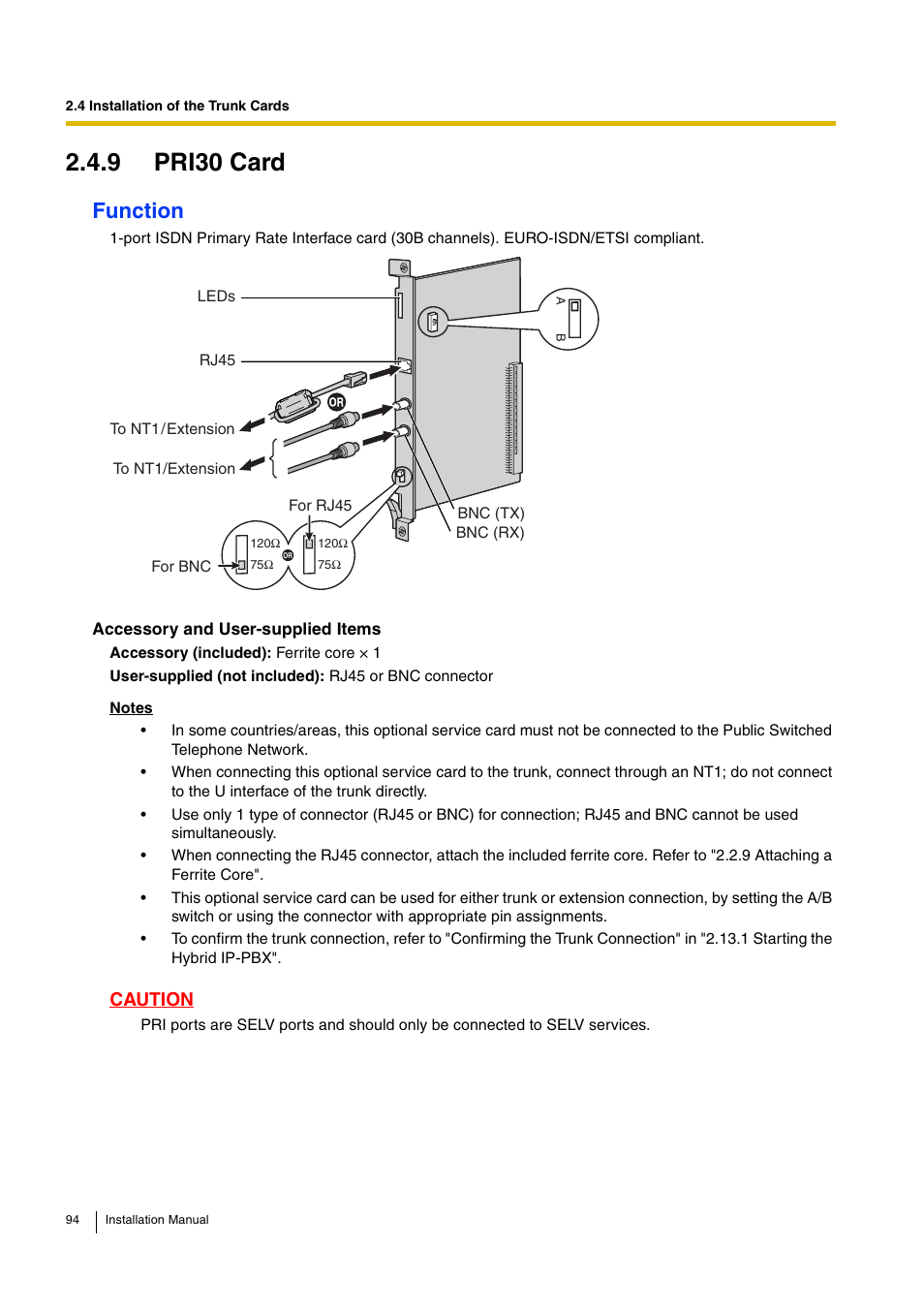 9 pri30 card, Function, Caution | D-Link KX-TDA100 User Manual | Page 94 / 250