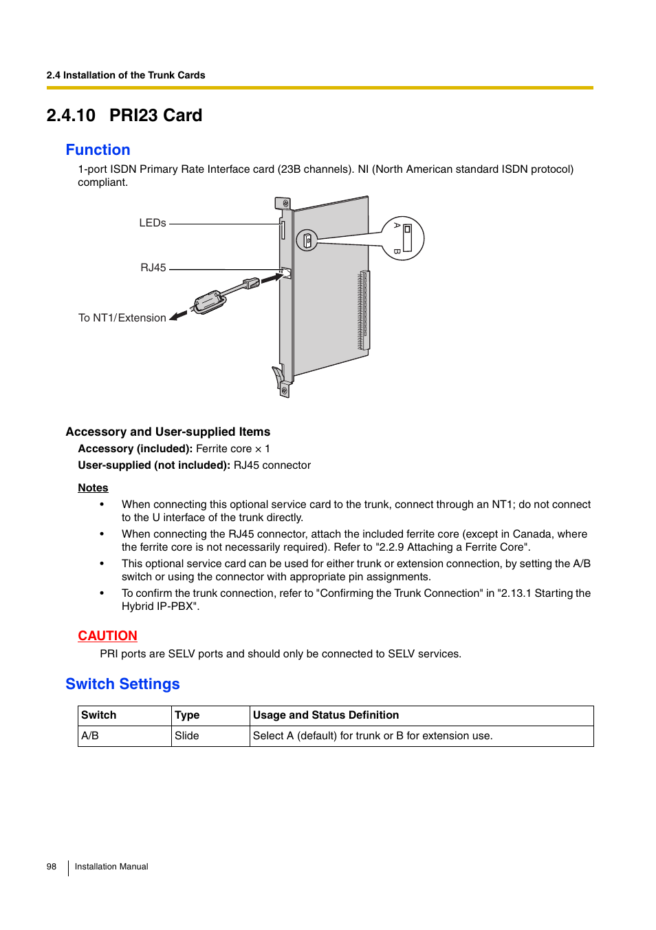 10 pri23 card, Function, Switch settings | D-Link KX-TDA100 User Manual | Page 98 / 250