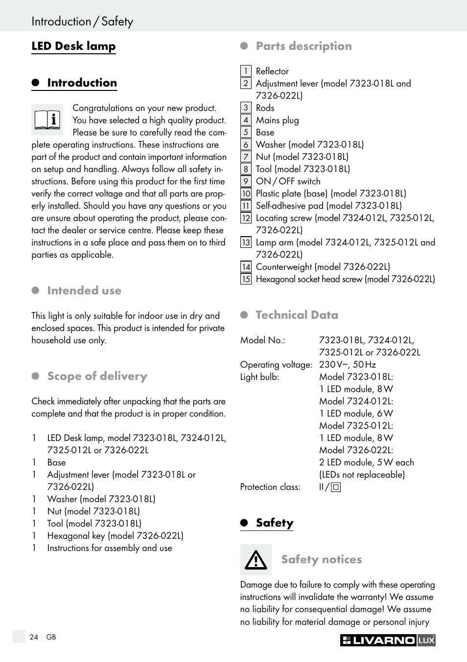 Safety / start-up introduction / safety, Led desk lamp, Introduction | Intended use, Scope of delivery, Parts description, Technical data, Safety safety notices | Livarno 7323-018L User Manual | Page 24 / 29