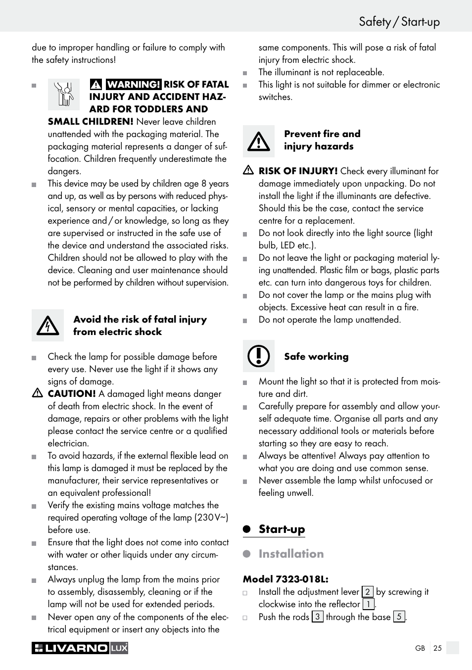 Safety / start-up introduction / safety, Start-up, Installation | Livarno 7323-018L User Manual | Page 25 / 29