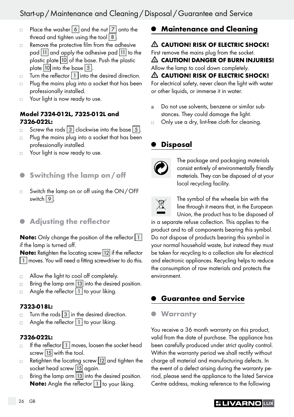 Switching the lamp on / off, Adjusting the reflector, Maintenance and cleaning | Disposal, Guarantee and service warranty | Livarno 7323-018L User Manual | Page 26 / 29