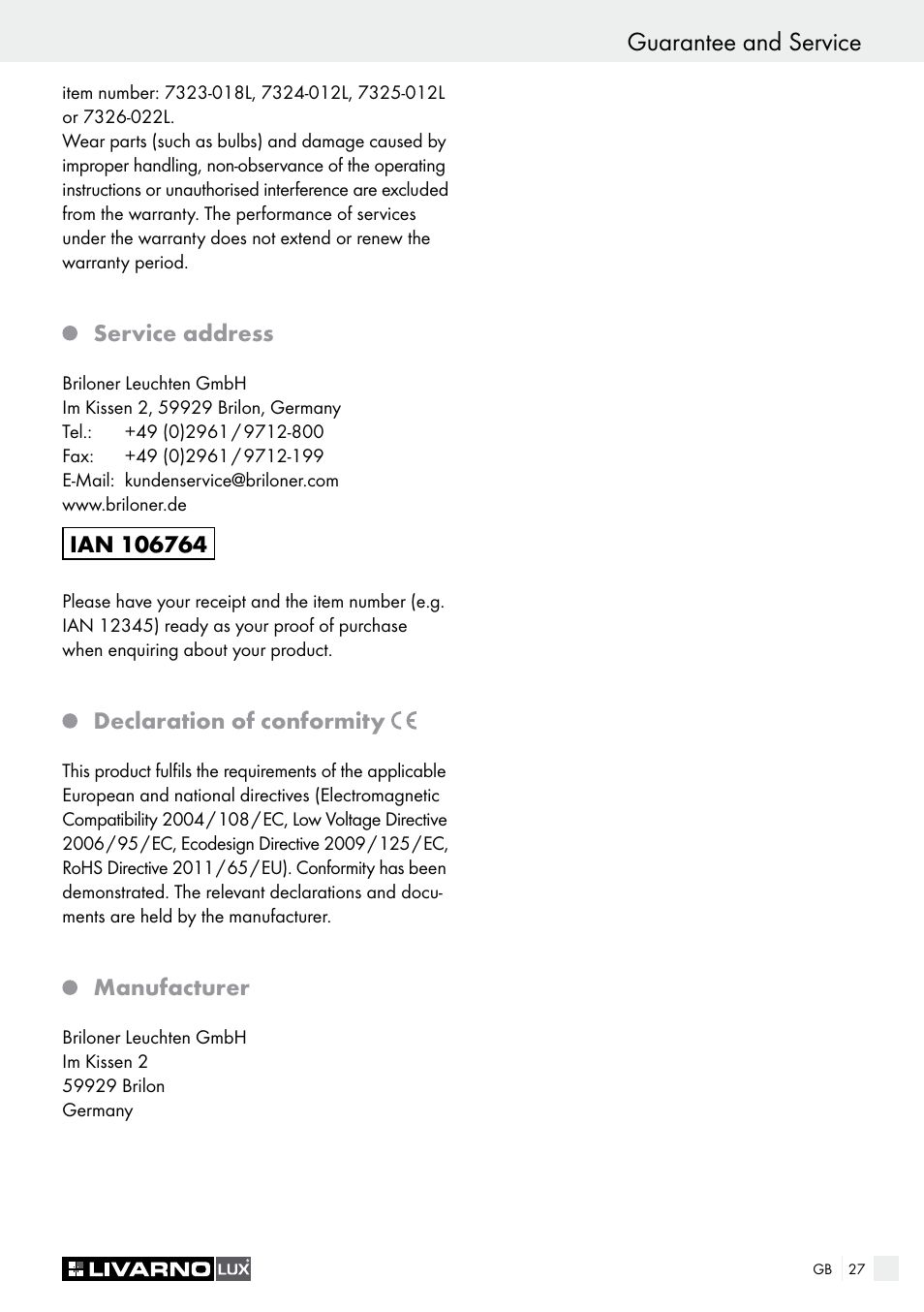 Service address, Declaration of conformity, Manufacturer | Livarno 7323-018L User Manual | Page 27 / 29