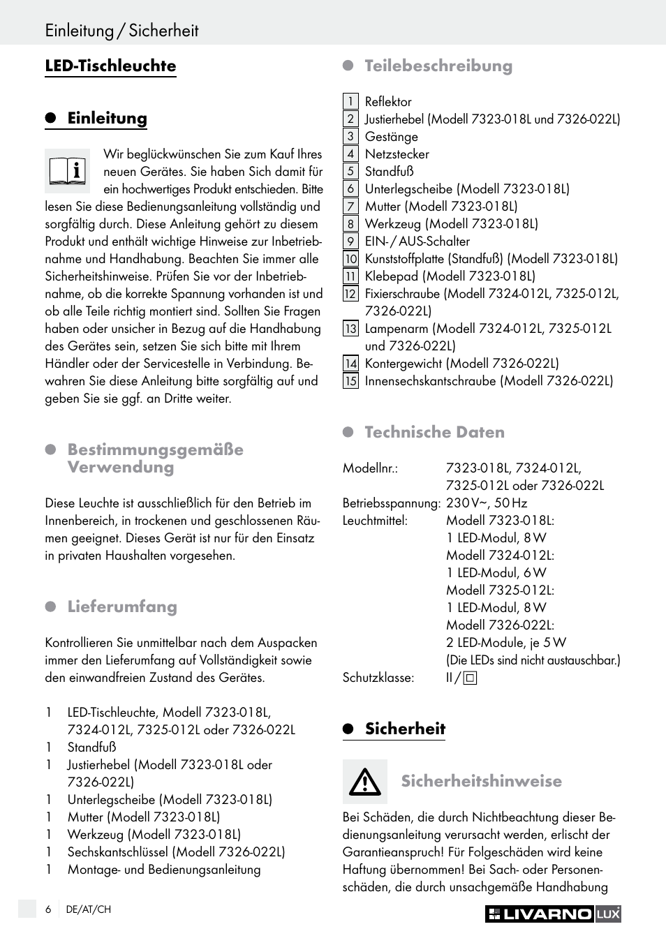 Sicherheit einleitung / sicherheit, Led-tischleuchte, Einleitung | Bestimmungsgemäße verwendung, Lieferumfang, Teilebeschreibung, Technische daten, Sicherheit sicherheitshinweise | Livarno 7323-018L User Manual | Page 6 / 29