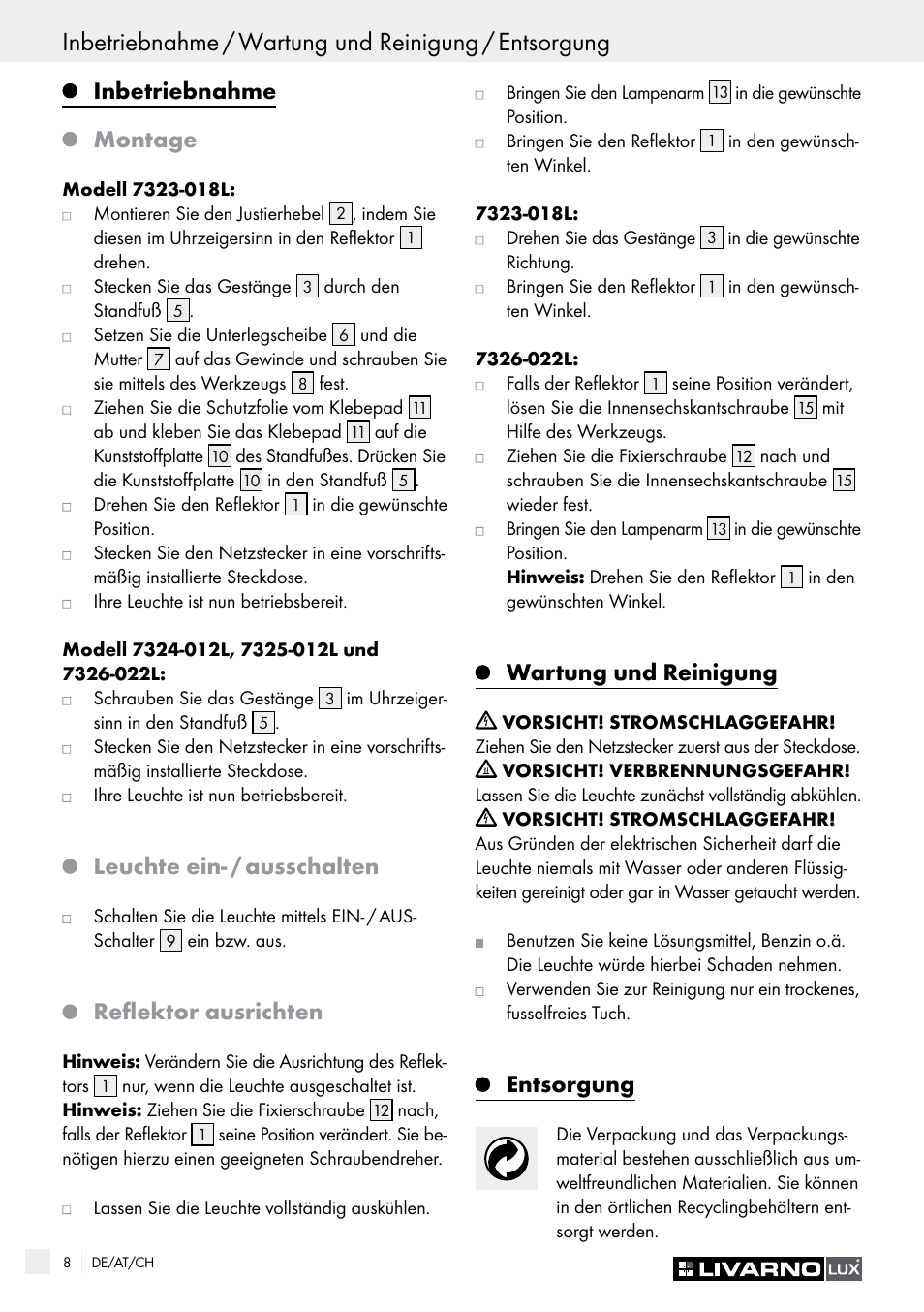 Inbetriebnahme, Montage, Leuchte ein- / ausschalten | Reflektor ausrichten, Wartung und reinigung, Entsorgung | Livarno 7323-018L User Manual | Page 8 / 29