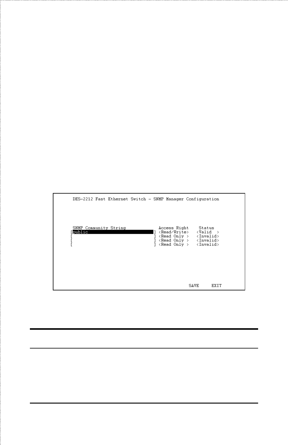 Switch configuration, Snmp security (community names) | D-Link DES-2212 User Manual | Page 50 / 86