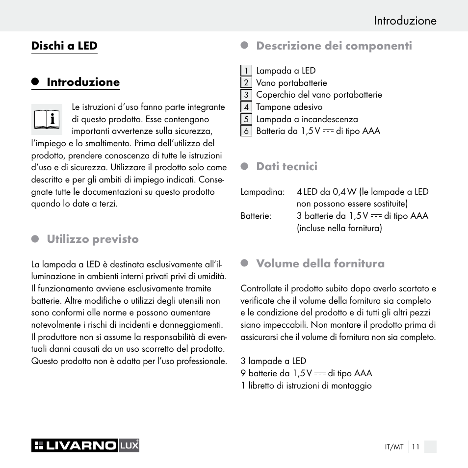 Dischi a led, Introduzione, Utilizzo previsto | Descrizione dei componenti, Dati tecnici, Volume della fornitura | Livarno Z29538A Z29538B User Manual | Page 11 / 34