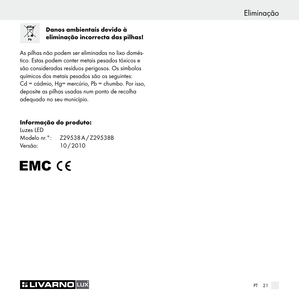 Eliminação | Livarno Z29538A Z29538B User Manual | Page 21 / 34