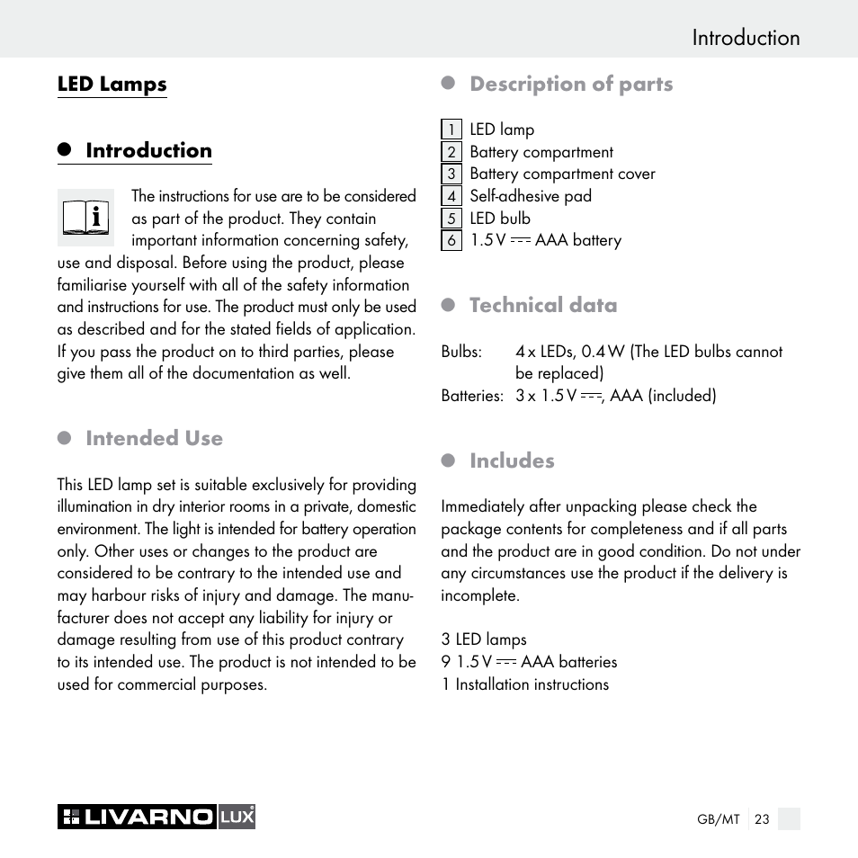 Introduction, Led lamps, Intended use | Description of parts, Technical data, Includes | Livarno Z29538A Z29538B User Manual | Page 23 / 34