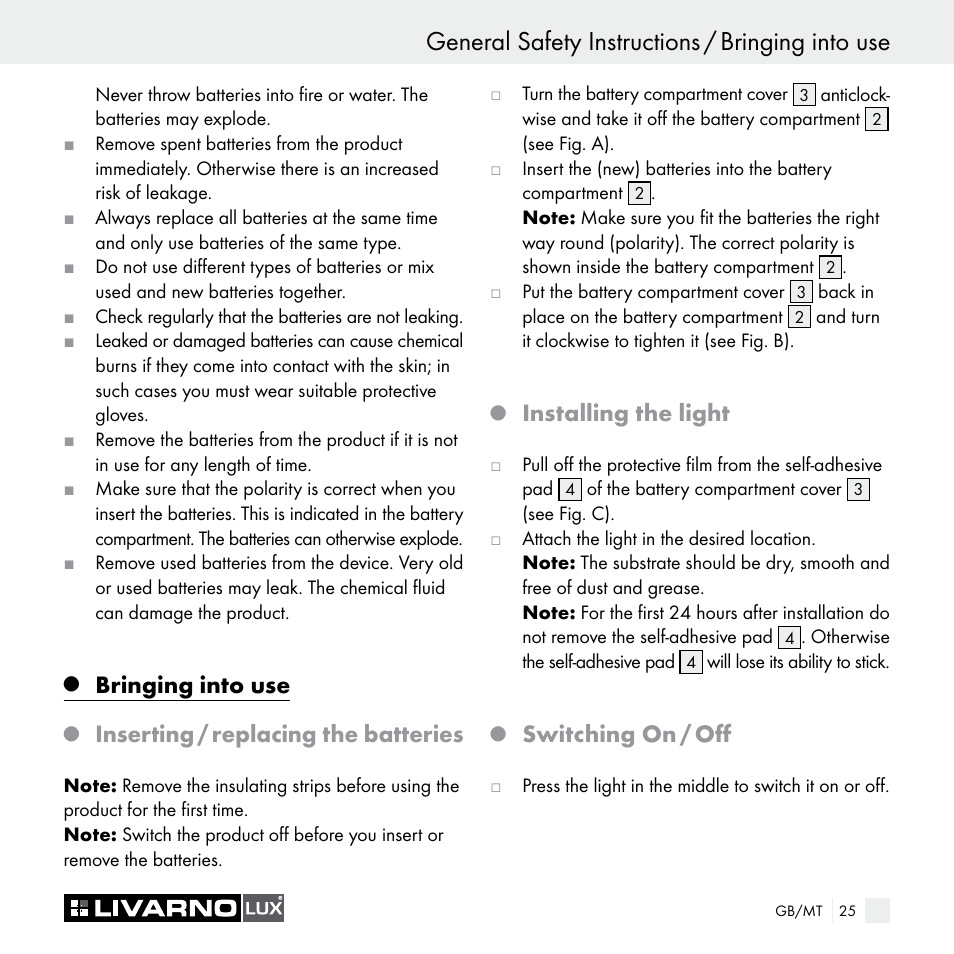General safety instructions / bringing into use, Bringing into use, Inserting / replacing the batteries | Installing the light, Switching on / off | Livarno Z29538A Z29538B User Manual | Page 25 / 34