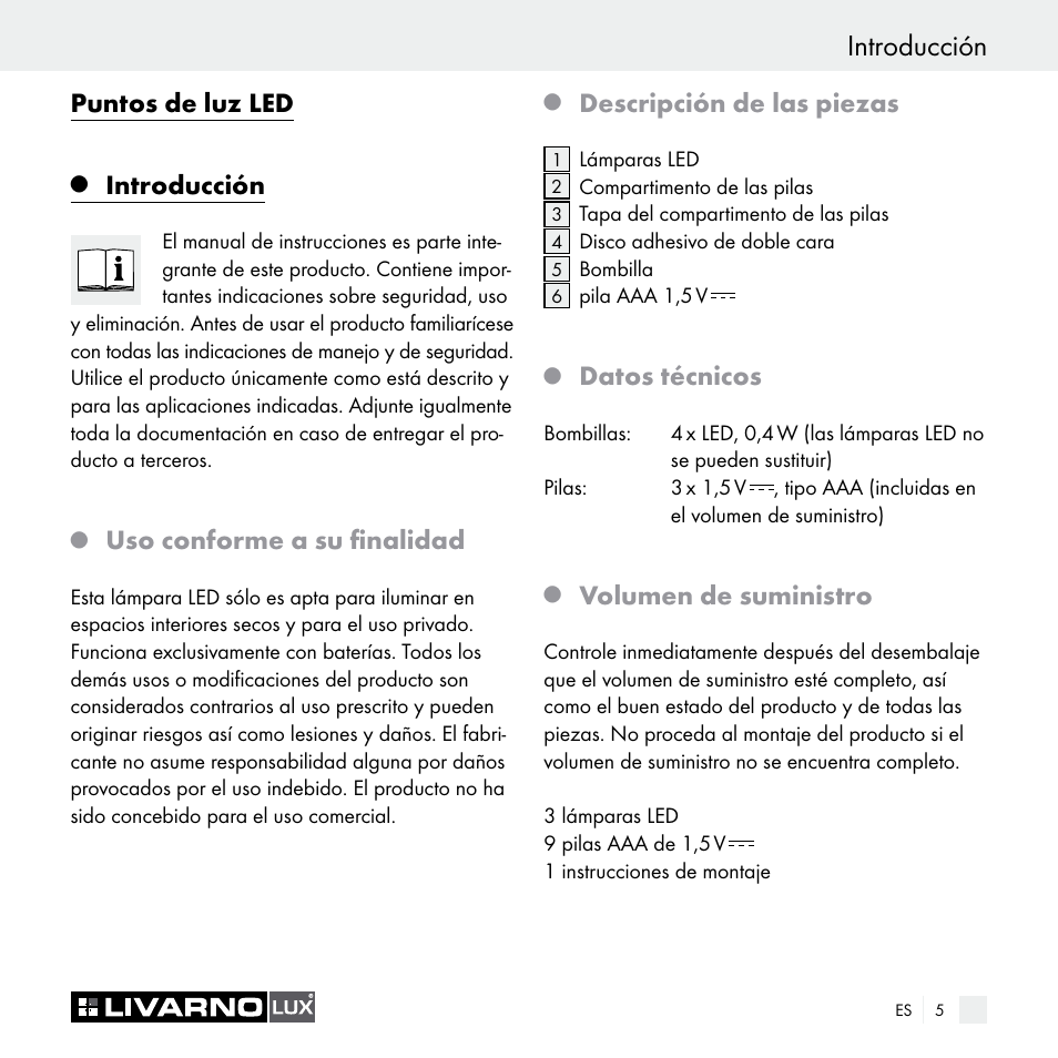 Puntos de luz led, Introducción, Uso conforme a su finalidad | Descripción de las piezas, Datos técnicos, Volumen de suministro | Livarno Z29538A Z29538B User Manual | Page 5 / 34