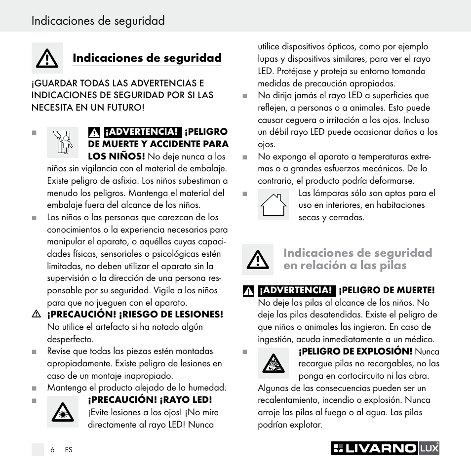 Indicaciones de seguridad, Indicaciones de seguridad en relación a las pilas | Livarno Z29538A Z29538B User Manual | Page 6 / 34
