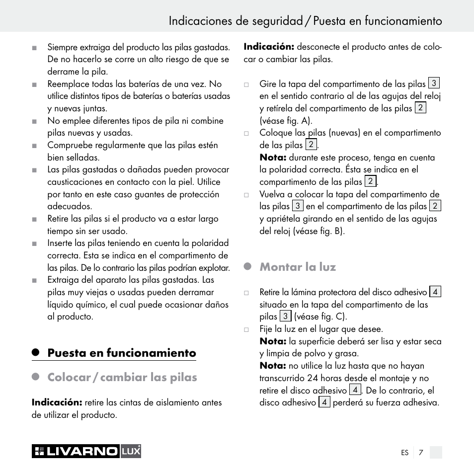 Puesta en funcionamiento, Colocar / cambiar las pilas, Montar la luz | Livarno Z29538A Z29538B User Manual | Page 7 / 34