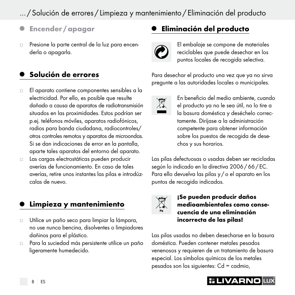 Encender / apagar, Solución de errores, Limpieza y mantenimiento | Eliminación del producto | Livarno Z29538A Z29538B User Manual | Page 8 / 34