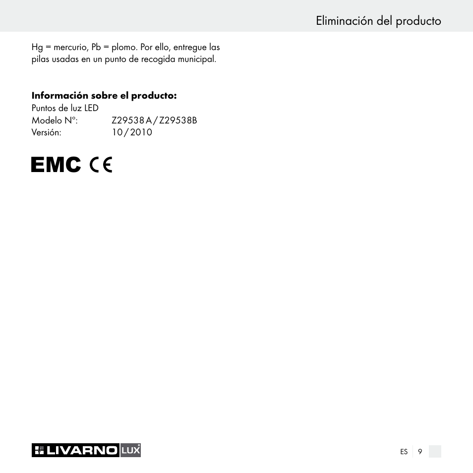 Eliminación del producto | Livarno Z29538A Z29538B User Manual | Page 9 / 34
