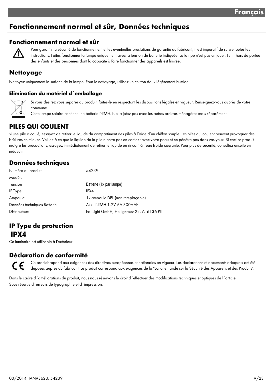 Fonctionnement normal et sûr, Nettoyage, Piles qui coulent | Données techniques, Ip type de protection, Déclaration de conformité | Livarno 1-FLAMMIG 54239 User Manual | Page 11 / 27