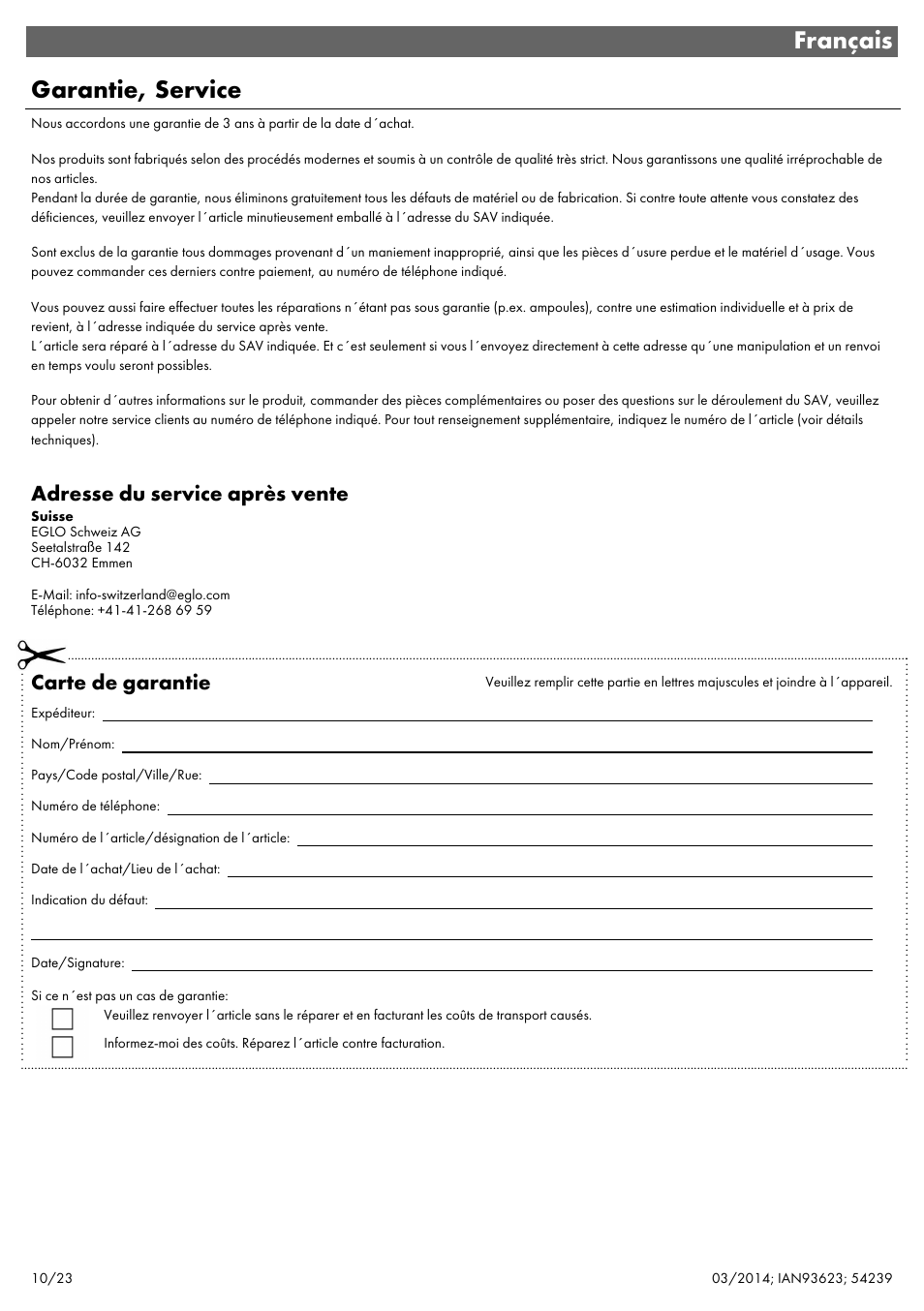 Français garantie, service, Adresse du service après vente, Carte de garantie | Livarno 1-FLAMMIG 54239 User Manual | Page 12 / 27