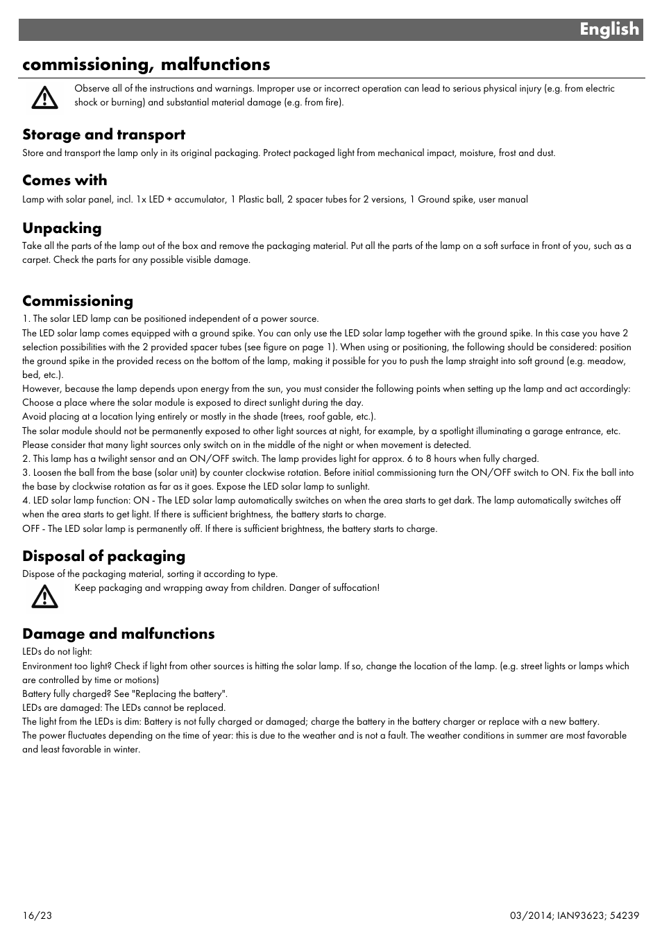English commissioning, malfunctions | Livarno 1-FLAMMIG 54239 User Manual | Page 18 / 27
