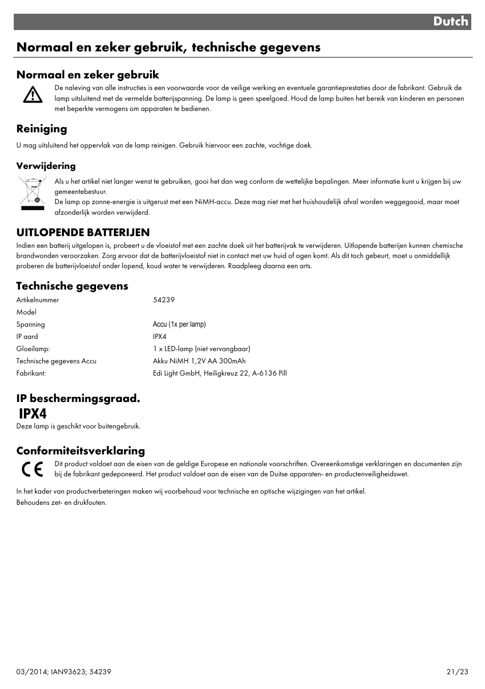 Normaal en zeker gebruik, Reiniging, Uitlopende batterijen | Technische gegevens, Ip beschermingsgraad, Conformiteitsverklaring | Livarno 1-FLAMMIG 54239 User Manual | Page 23 / 27