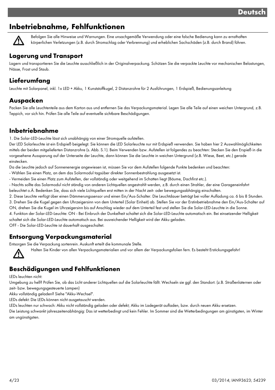 Deutsch inbetriebnahme, fehlfunktionen | Livarno 1-FLAMMIG 54239 User Manual | Page 6 / 27