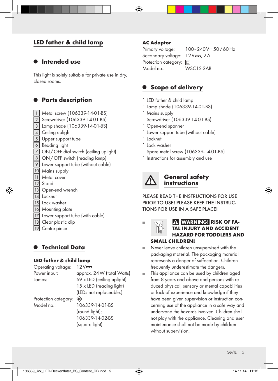 Led father & child lamp intended use, Parts description, Technical data | Scope of delivery, General safety instructions | Livarno 106339-14-01-BS/ 106339-14-02-BS User Manual | Page 5 / 8