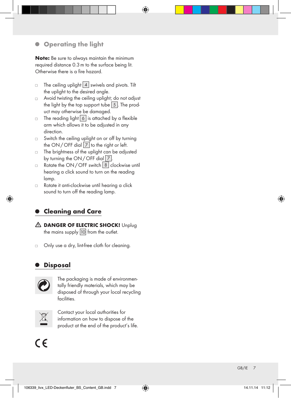 Operating the light, Cleaning and care, Disposal | Livarno 106339-14-01-BS/ 106339-14-02-BS User Manual | Page 7 / 8