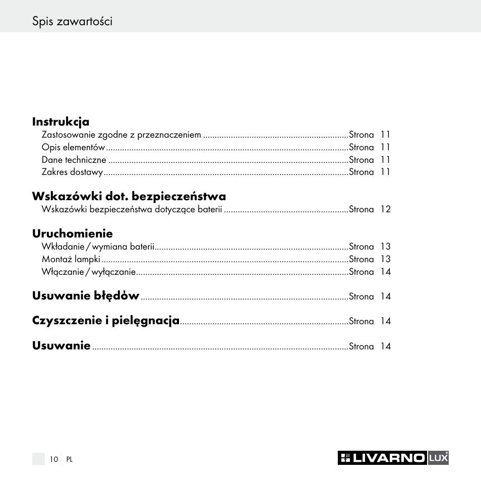 Spis zawartości | Livarno Z29538A Z29538B User Manual | Page 10 / 44