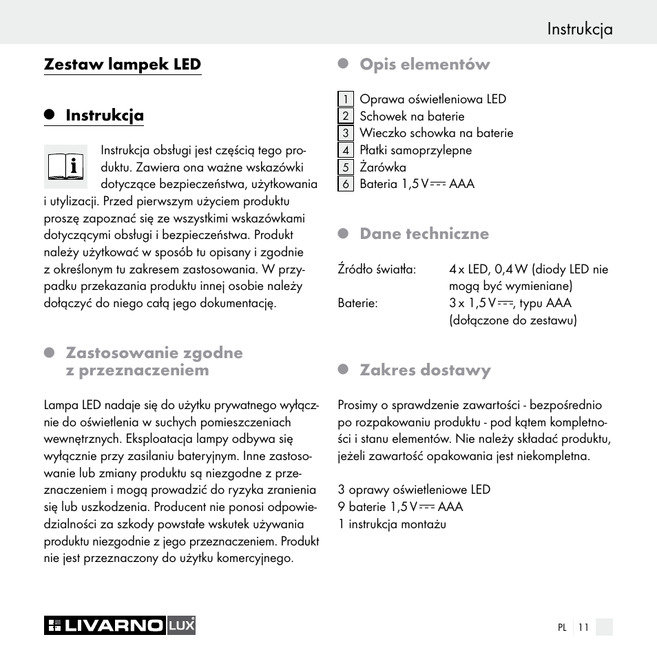 Zestaw lampek led, Instrukcja, Zastosowanie zgodne z przeznaczeniem | Opis elementów, Dane techniczne, Zakres dostawy | Livarno Z29538A Z29538B User Manual | Page 11 / 44