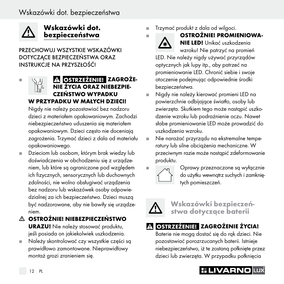 Wskazówki dot. bezpieczeństwa, Wskazówki bezpieczeń- stwa dotyczące baterii | Livarno Z29538A Z29538B User Manual | Page 12 / 44