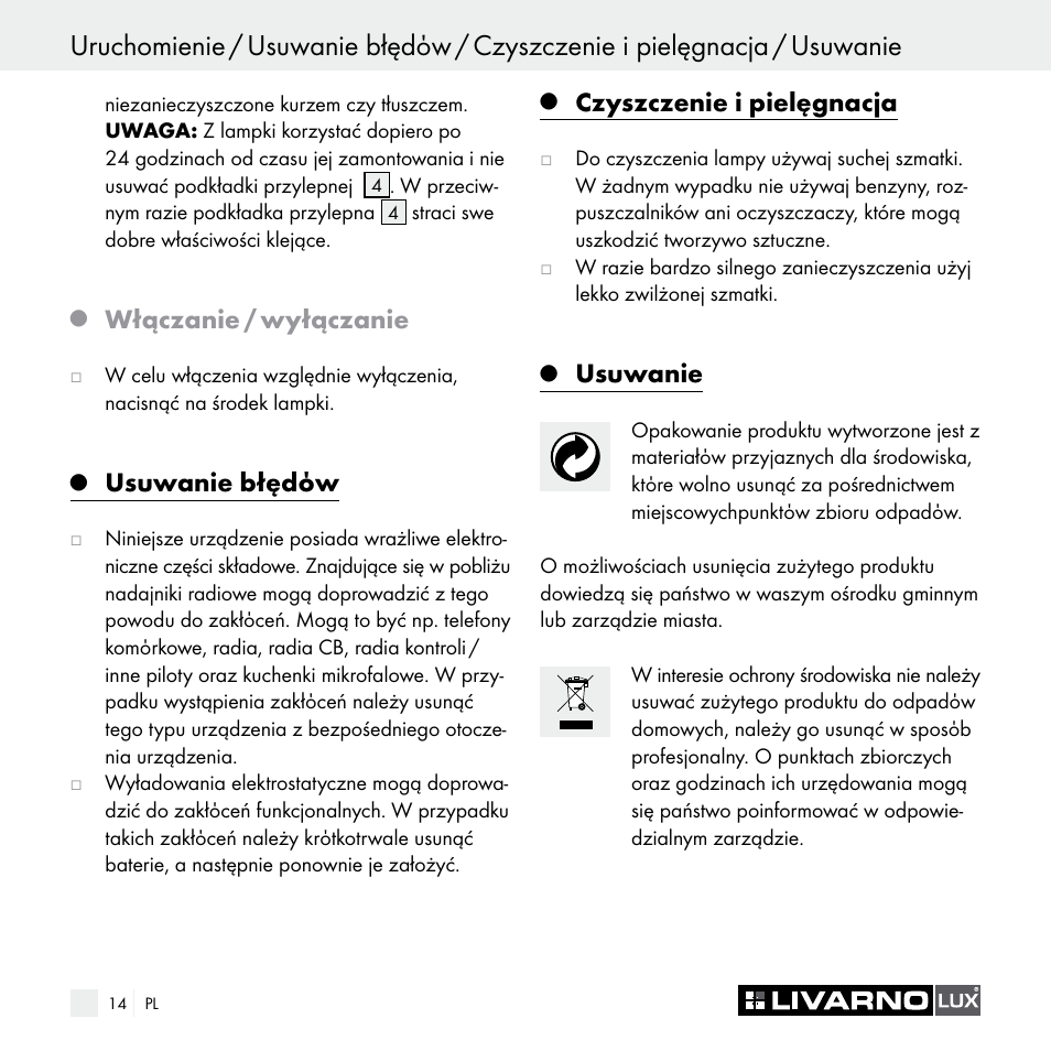 Włączanie / wyłączanie, Usuwanie błędόw, Czyszczenie i pielęgnacja | Usuwanie | Livarno Z29538A Z29538B User Manual | Page 14 / 44