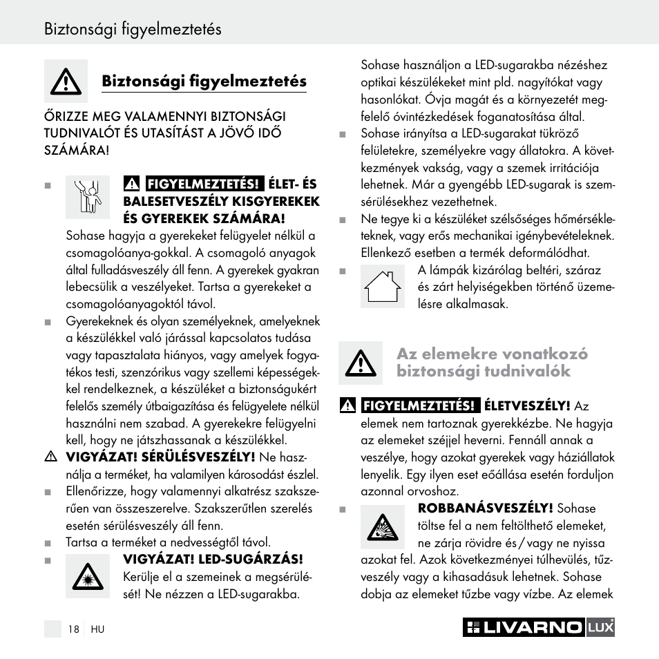 Biztonsági figyelmeztetés, Az elemekre vonatkozó biztonsági tudnivalók | Livarno Z29538A Z29538B User Manual | Page 18 / 44