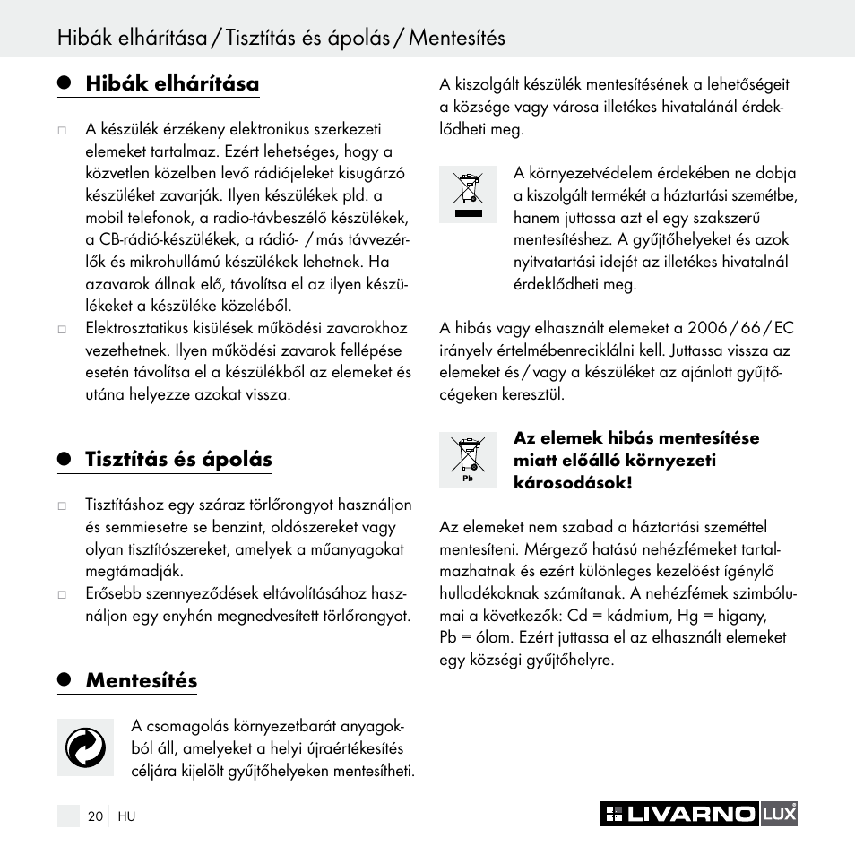Hibák elhárítása, Tisztítás és ápolás, Mentesítés | Livarno Z29538A Z29538B User Manual | Page 20 / 44