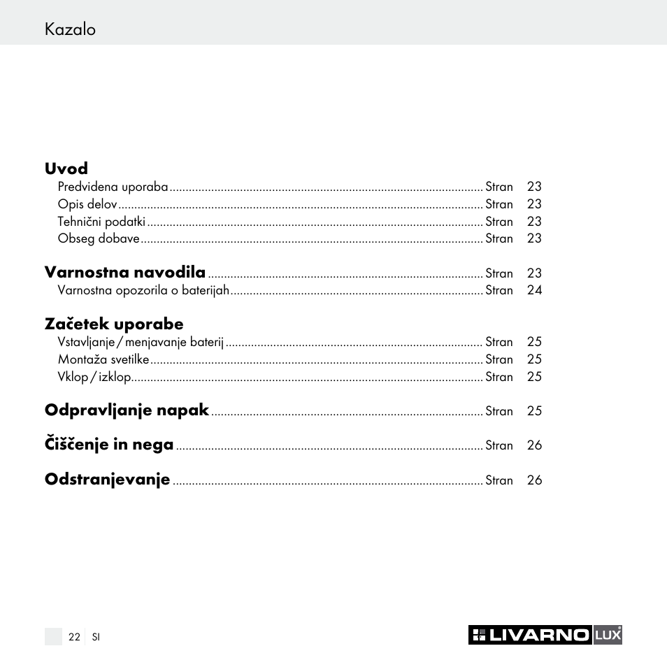 Kazalo | Livarno Z29538A Z29538B User Manual | Page 22 / 44