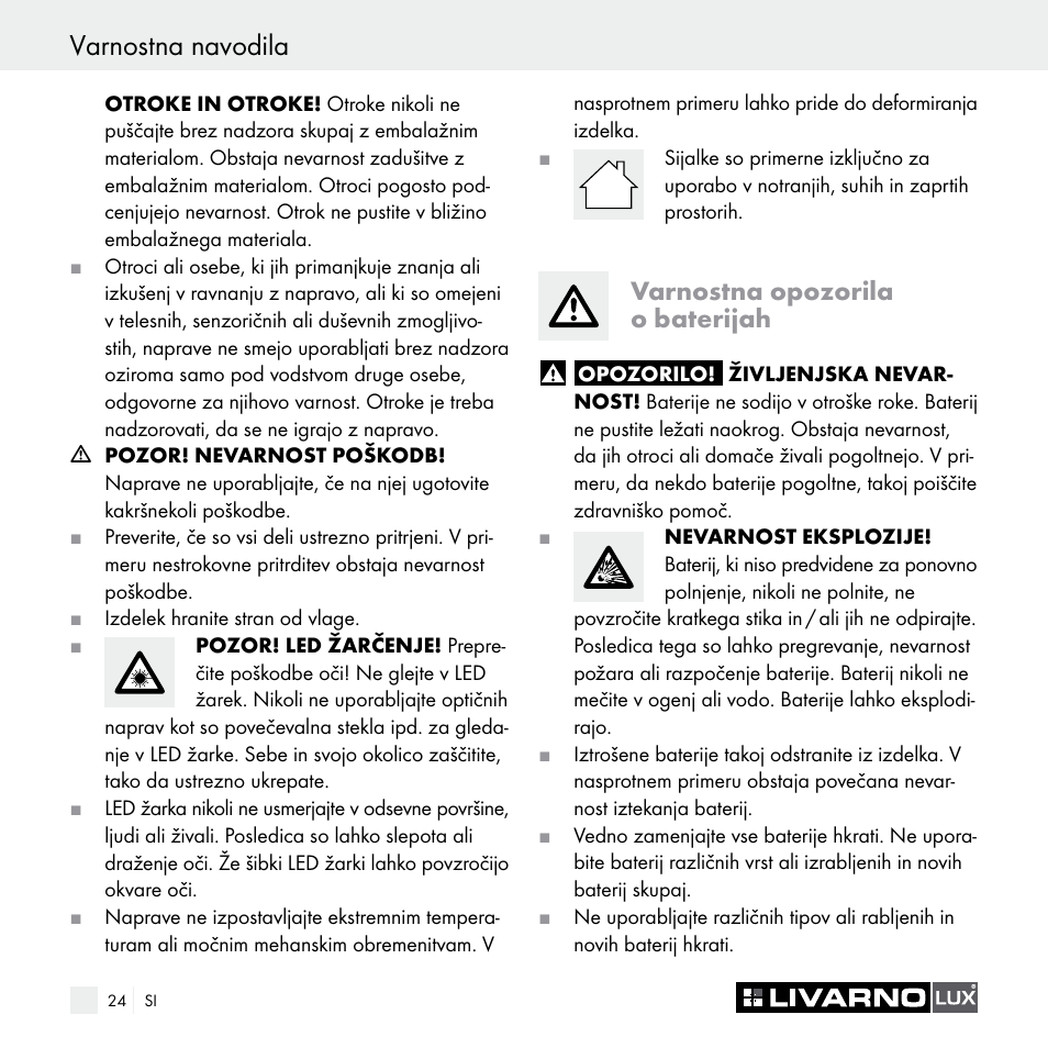 Varnostna navodila, Varnostna opozorila o baterijah | Livarno Z29538A Z29538B User Manual | Page 24 / 44