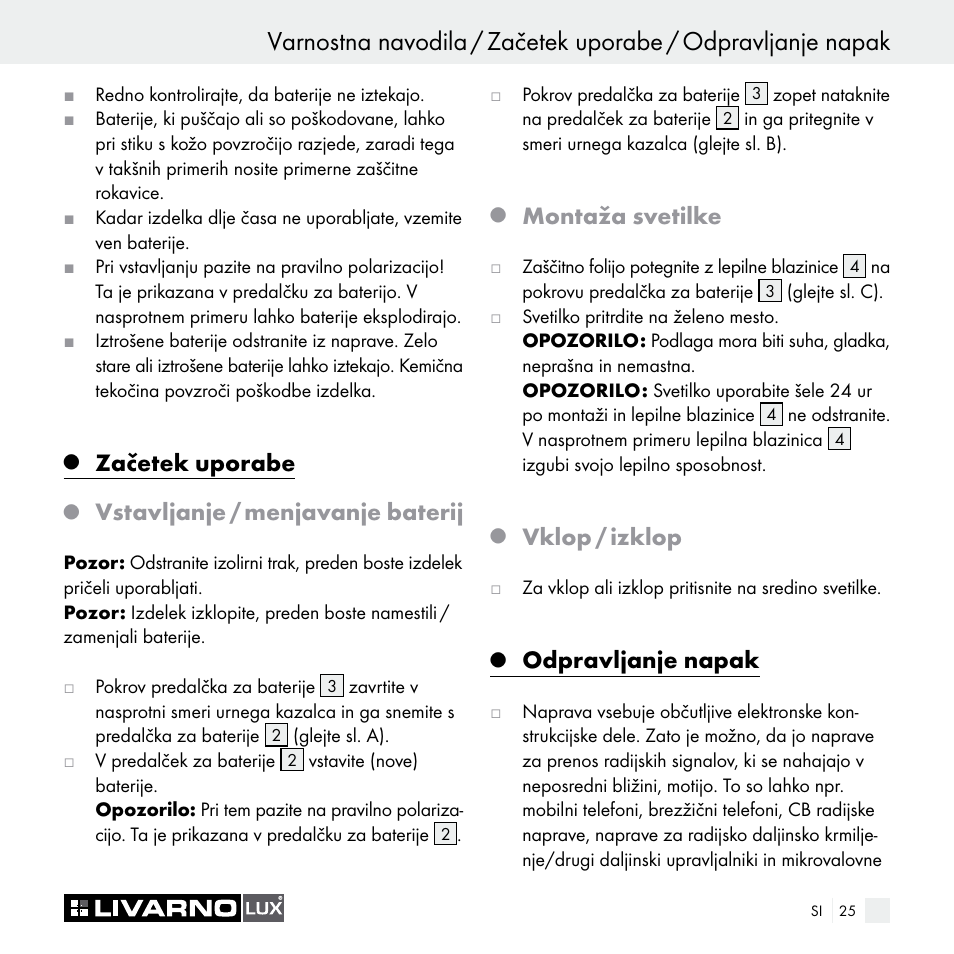 Začetek uporabe, Vstavljanje / menjavanje baterij, Montaža svetilke | Vklop / izklop, Odpravljanje napak | Livarno Z29538A Z29538B User Manual | Page 25 / 44