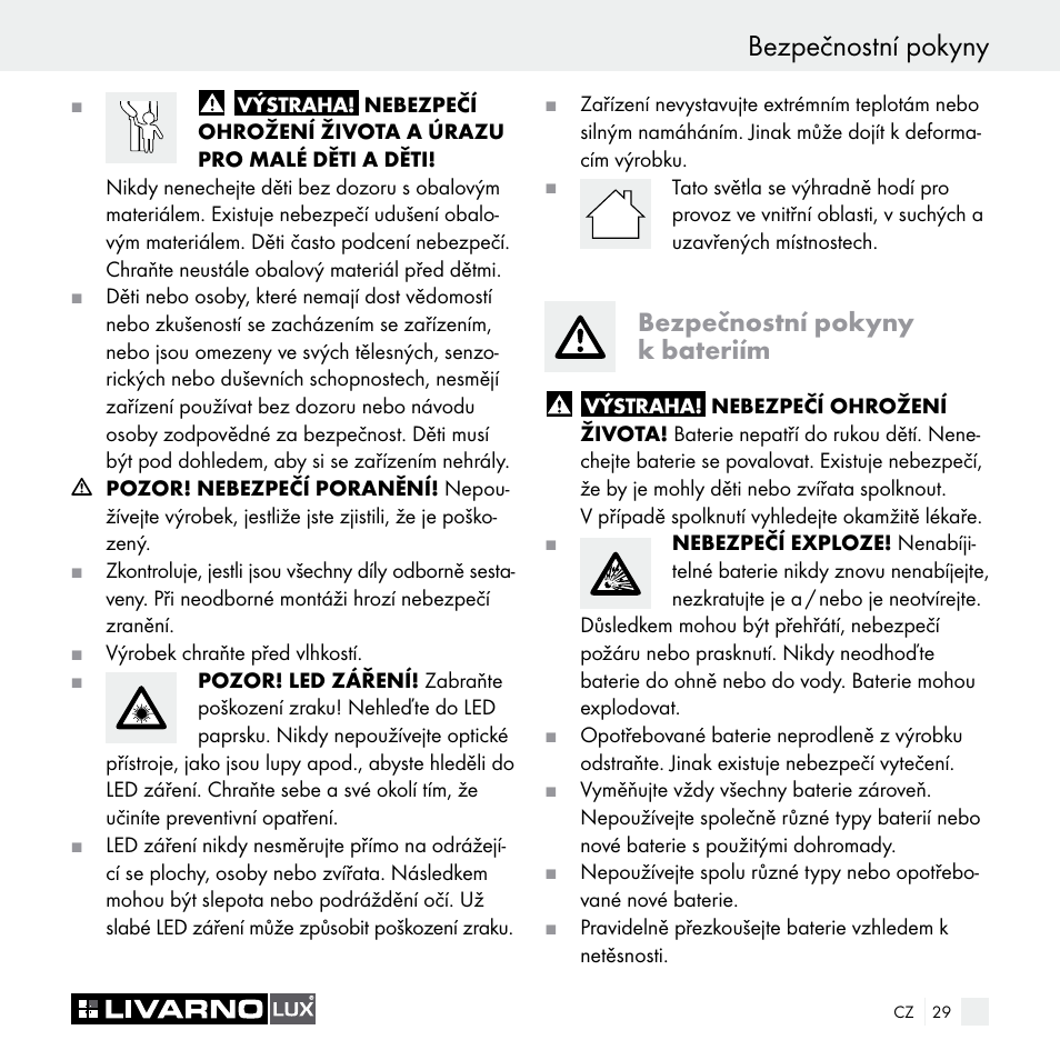 Bezpečnostní pokyny, Bezpečnostní pokyny k bateriím | Livarno Z29538A Z29538B User Manual | Page 29 / 44
