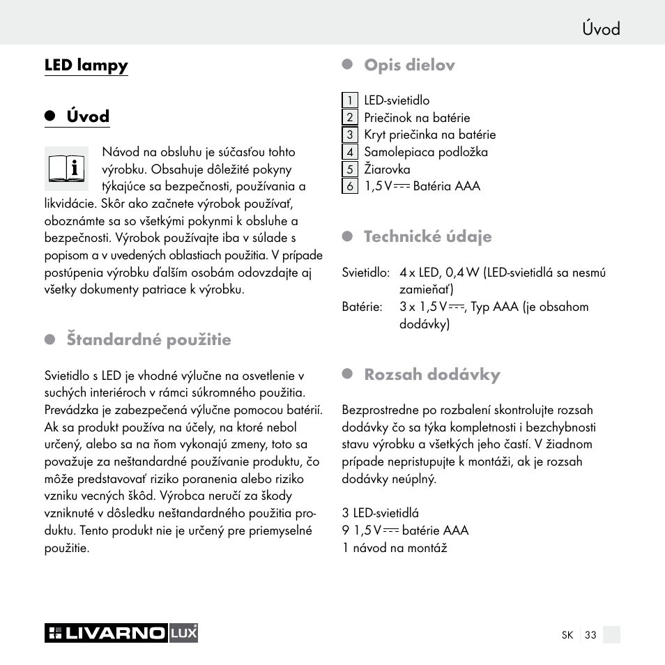 Led lampy, Úvod, Štandardné použitie | Opis dielov, Technické údaje, Rozsah dodávky | Livarno Z29538A Z29538B User Manual | Page 33 / 44