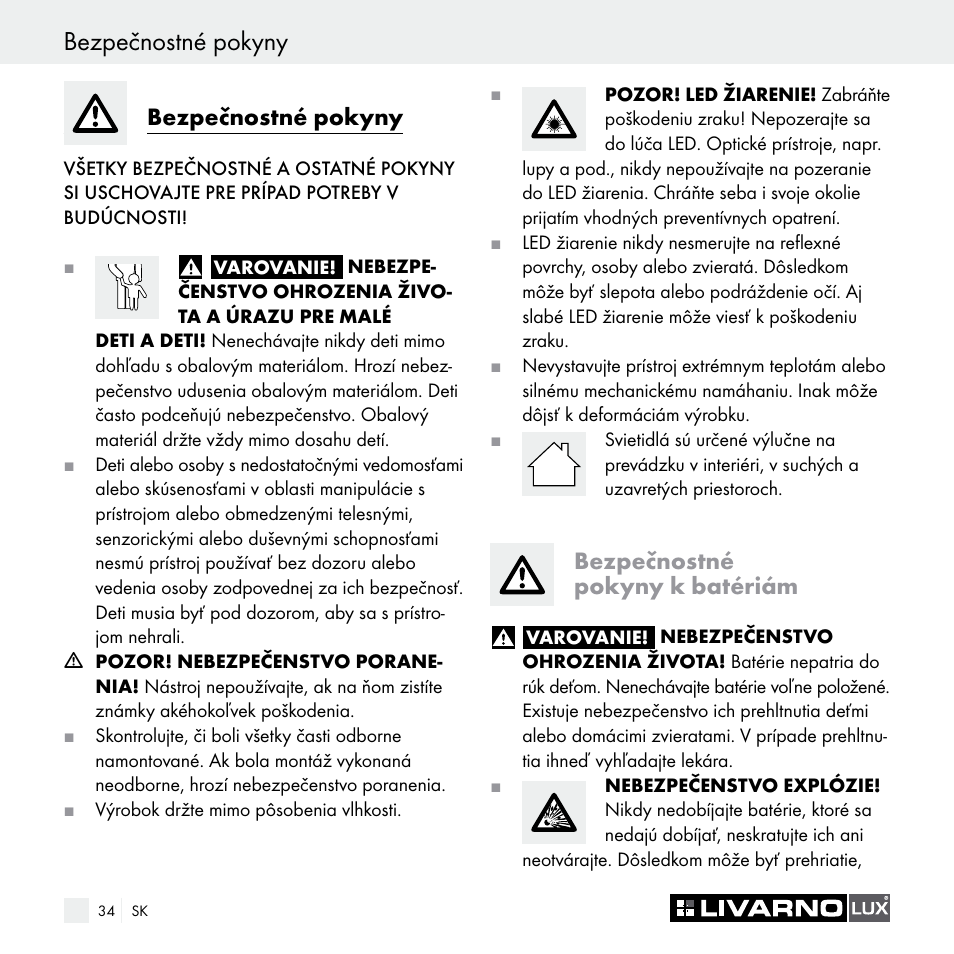 Bezpečnostné pokyny, Bezpečnostné pokyny k batériám | Livarno Z29538A Z29538B User Manual | Page 34 / 44