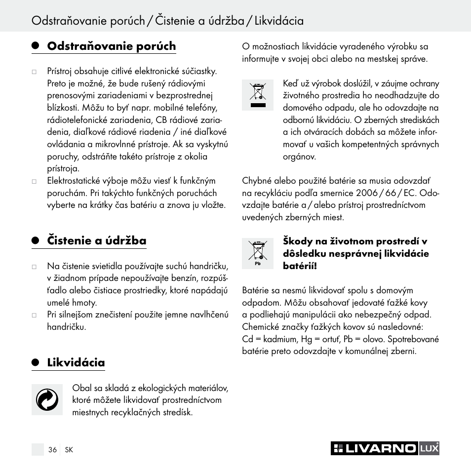 Odstraňovanie porúch, Čistenie a údržba, Likvidácia | Livarno Z29538A Z29538B User Manual | Page 36 / 44