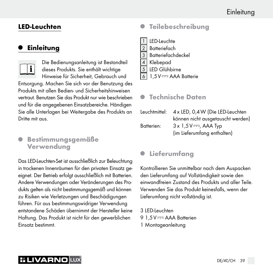 Einleitung, Led-leuchten, Bestimmungsgemäße verwendung | Teilebeschreibung, Technische daten, Lieferumfang | Livarno Z29538A Z29538B User Manual | Page 39 / 44