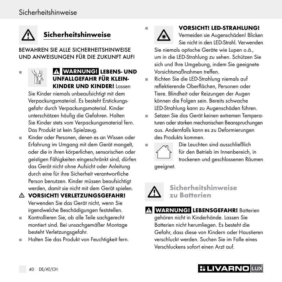 Sicherheitshinweise, Sicherheitshinweise zu batterien | Livarno Z29538A Z29538B User Manual | Page 40 / 44