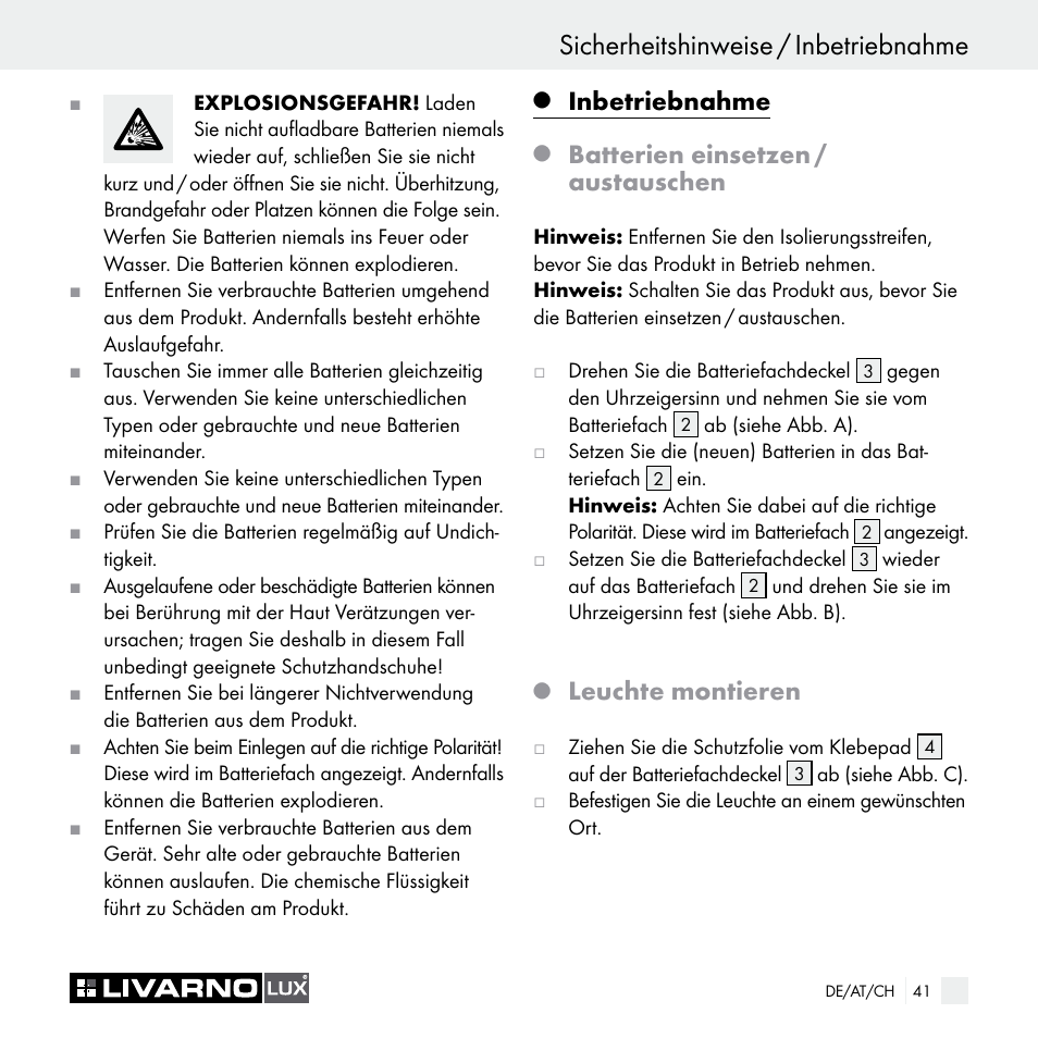 Sicherheitshinweise / inbetriebnahme, Inbetriebnahme, Batterien einsetzen / austauschen | Leuchte montieren | Livarno Z29538A Z29538B User Manual | Page 41 / 44