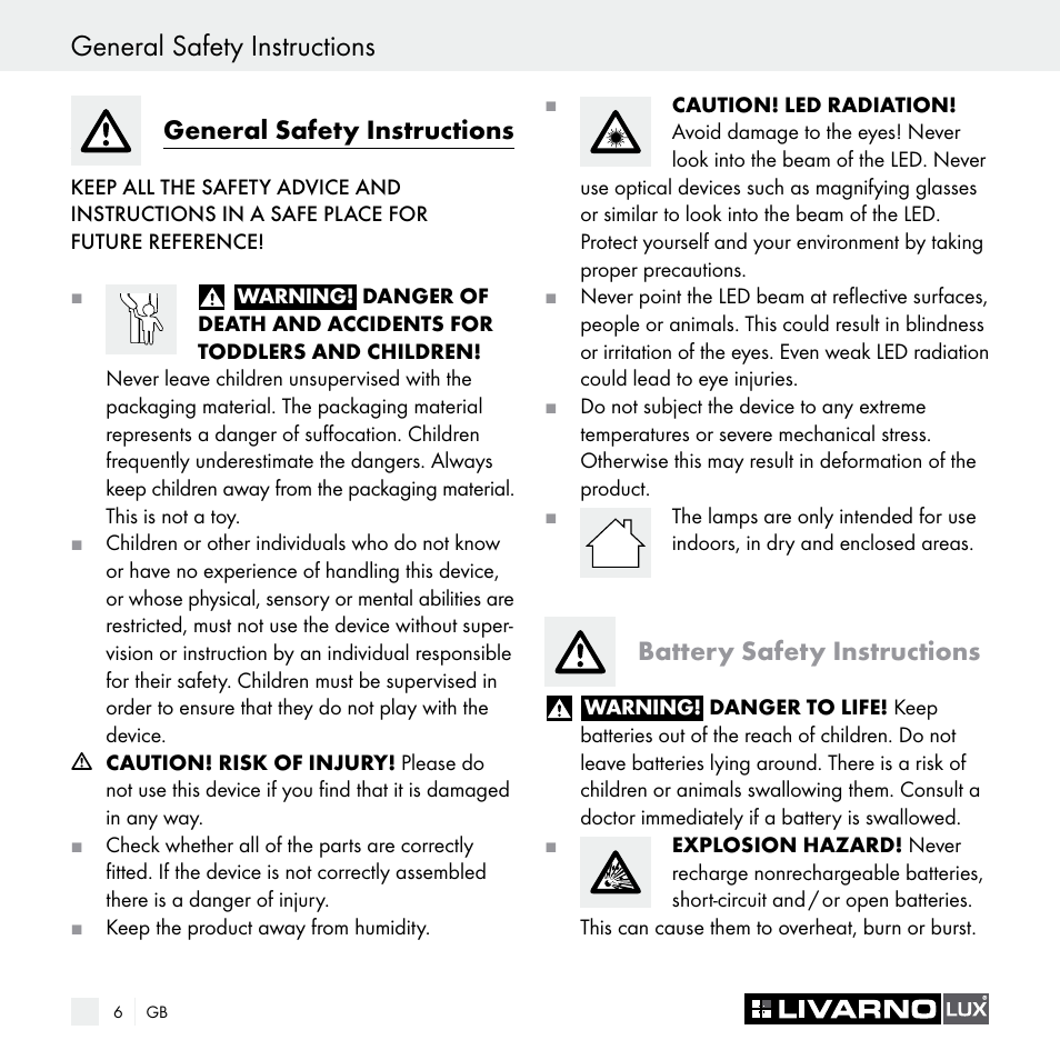 General safety instructions, Battery safety instructions | Livarno Z29538A Z29538B User Manual | Page 6 / 44
