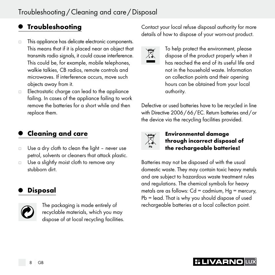 Troubleshooting / cleaning and care / disposal, Troubleshooting, Cleaning and care | Disposal | Livarno Z29538A Z29538B User Manual | Page 8 / 44
