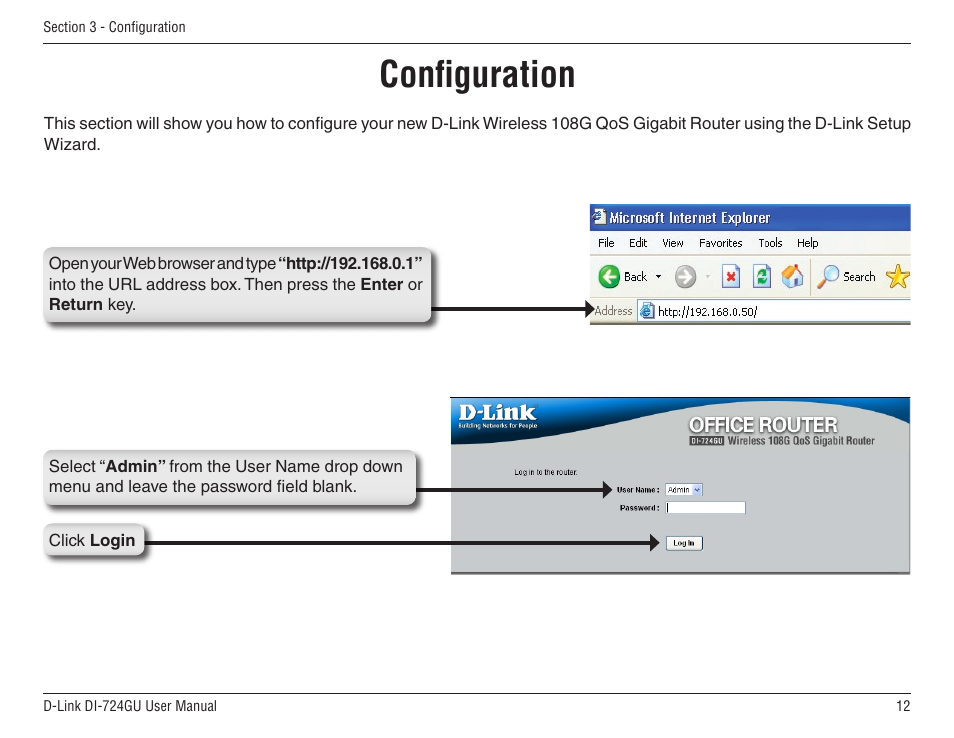 Conﬁguration | D-Link WIRELES 108 ROUTER DI-724GU User Manual | Page 12 / 89