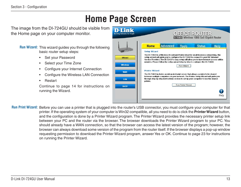 Home page screen | D-Link WIRELES 108 ROUTER DI-724GU User Manual | Page 13 / 89