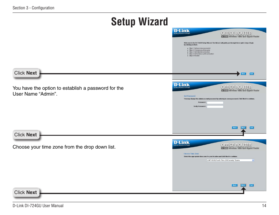 Setup wizard | D-Link WIRELES 108 ROUTER DI-724GU User Manual | Page 14 / 89