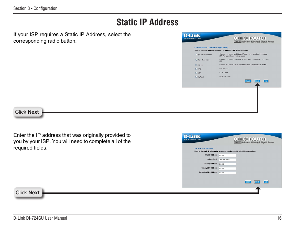 Static ip address | D-Link WIRELES 108 ROUTER DI-724GU User Manual | Page 16 / 89