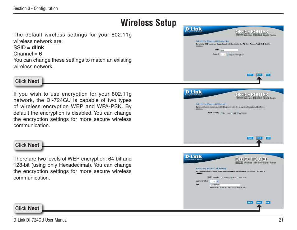 Wireless setup | D-Link WIRELES 108 ROUTER DI-724GU User Manual | Page 21 / 89
