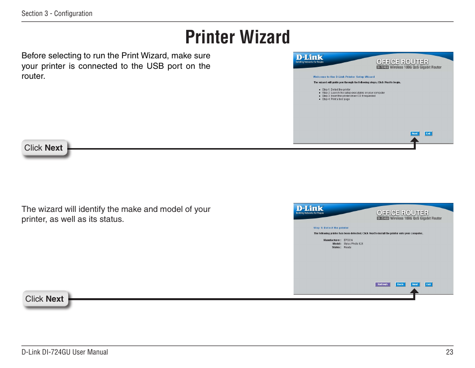 Printer wizard | D-Link WIRELES 108 ROUTER DI-724GU User Manual | Page 23 / 89