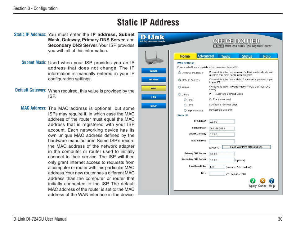 Static ip address | D-Link WIRELES 108 ROUTER DI-724GU User Manual | Page 30 / 89